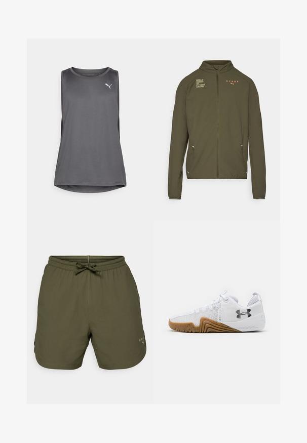 Oliven grønn treningsjakke med høy krage, hel glidelås, sidelommer og trykte logoer i hvitt og oransje. Laget av lett materiale.; Grå ermeløs treningstopp laget av pustende stoff, med rund halslinning og sidesnitt. Logo i hvitt på forsiden.; Olivenfargede treningsshorts laget av lett materiale, med elastisk midje og snor, samt en liten logo på siden.; Hvite joggesko med mesh-overdel, gummisåle i kamskjellfarge, teksturerte detaljer og en svart logo på siden.