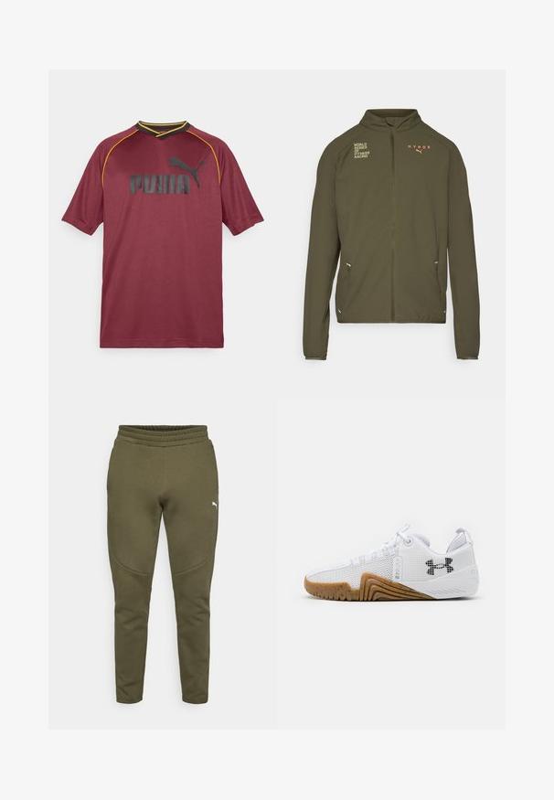 Olíva zöld sportdzseki magas gallérral, teljes elülső cipzárral, oldalsó zsebekkel és fehér, valamint narancssárga nyomott logókkal. Könnyű anyagból készült.; Burgundi sportmez légáteresztő anyagból készült, rövid ujjú, V-nyakú, fekete Puma logóval és sárga díszítéssel a nyakkivágás mentén.; Olíva zöld, tapered fazonú melegítőnadrág, gumis derekú, bal oldalon egy kis fehér logóval. Puha anyag, sima textúrával.; Fehér sportcipők hálós felsőrésszel, gumis talppal, kialakított részletekkel és fekete logóval az oldalon.