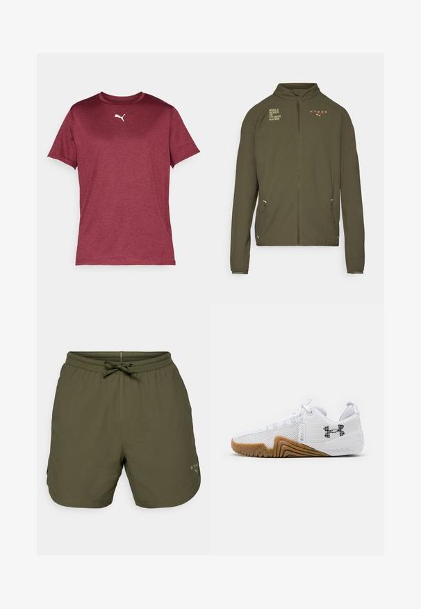 Olíva zöld sportdzseki magas gallérral, teljes elülső cipzárral, oldalsó zsebekkel és fehér, valamint narancssárga nyomott logókkal. Könnyű anyagból készült.; Bordó, rövid ujjú póló sima anyagból, fehér Puma logóval a mellkasán, bordás, kerek nyakkivágással.; Olíva zöld sportnadrág könnyű anyagból, rugalmas derékkal és zsinórral, oldalt pedig egy apró logó részlet található.; Fehér sportcipők hálós felsőrésszel, gumis talppal, kialakított részletekkel és fekete logóval az oldalon.
