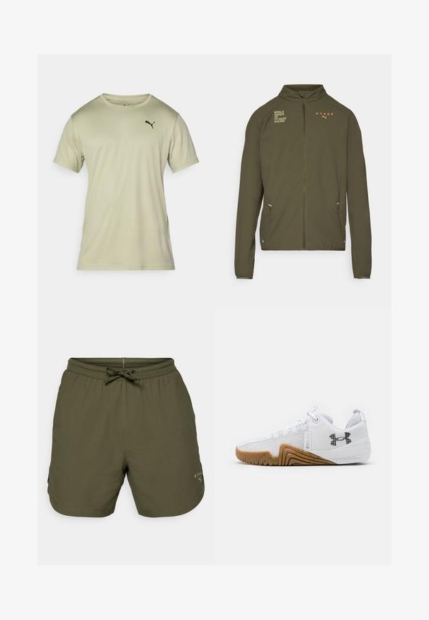 Olíva zöld sportdzseki magas gallérral, teljes elülső cipzárral, oldalsó zsebekkel és fehér, valamint narancssárga nyomott logókkal. Könnyű anyagból készült.; Világoszöld rövid ujjú póló, puha anyagból készült, kerek nyakkivágással és egy kis fekete Puma logóval a mellkasán.; Olíva zöld sportnadrág könnyű anyagból, rugalmas derékkal és zsinórral, oldalt pedig egy apró logó részlet található.; Fehér sportcipők hálós felsőrésszel, gumis talppal, kialakított részletekkel és fekete logóval az oldalon.