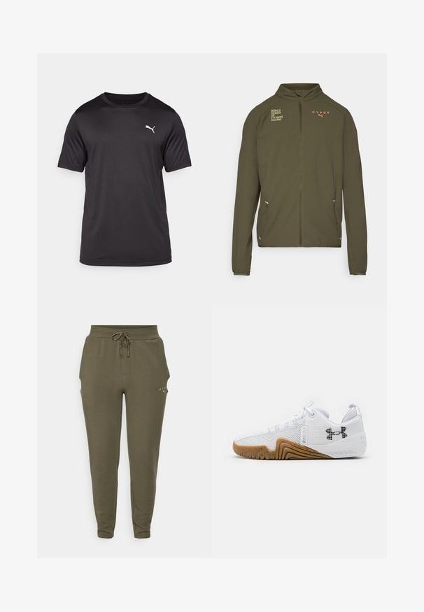 Oliven grønn treningsjakke med høy krage, hel glidelås, sidelommer og trykte logoer i hvitt og oransje. Laget av lett materiale.; Svart treningskjorte laget av fukttransporterende stoff, rund hals, kortermet, med en liten hvit logo på venstre bryst.; Olivengrønne sweatpants med elastisk talje og justerbart snor, med en slank pasform og subtilt logo nær lommen.; Hvite joggesko med mesh-overdel, gummisåle i kamskjellfarge, teksturerte detaljer og en svart logo på siden.