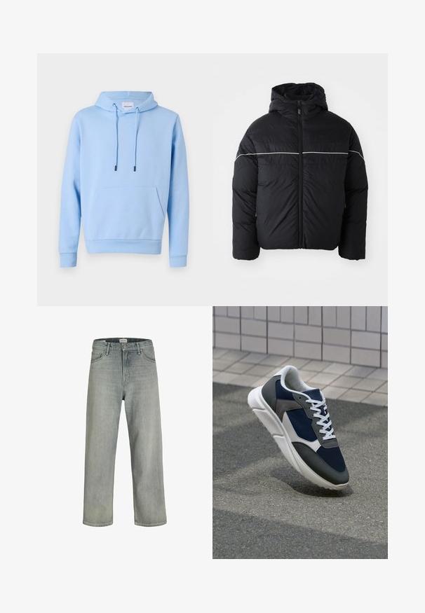 Sort polstret jakke med hætte, der har en frontlynlås og en hvid vandret stribe på brystet. Glat stof med en mat overflade.; Lyseblå hættetrøje i blødt materiale, med en frontkangaroo lomme, justerbare snore og ribbede manchetter og kant.; Lysegrå, løstsiddende jeans lavet af denim. Har et klassisk fem-lomme design, bæltestropper og en lige ben silhuet.; Sneakers med en overdel i marineblå mesh, grå suedeteksturer, hvid gummisål og flade hvide snørebånd, designet til komfort og åndbarhed.