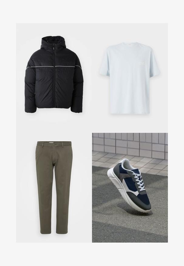 Μαύρο παλτό με επένδυση και κουκούλα, διαθέτει μπροστινό φερμουάρ και λευκή οριζόντια ρίγα στην περιοχή του στήθους. Λείος ύφανση με ματ φινίρισμα.; Ανοιχτού μπλε βαμβακερό t-shirt με στρογγυλή λαιμόκοψη και κοντά μανίκια. Διαθέτει ένα μικρό λευκό λογότυπο στην αριστερή περιοχή του στήθους. Απαλή υφή.; Ελαιώδους πράσινου παντελόνι φτιαγμένο από βαμβακερό ύφασμα με ίνα. Ισορροπημένος σχεδιασμός με ίσια πόδια, επίπεδο μπροστά, κουμπί κλεισίματος και θηλιά για ζώνη. Λείο υφασμα.; Αθλητικά παπούτσια με επάνω μέρος από ναυτικό μπλε διχτυωτό ύφασμα, γκρι σουέτ λεπτομέρειες, λευκή καουτσούκ σόλα και επίπεδα λευκά κορδόνια, σχεδιασμένα για άνεση και αερισμό.