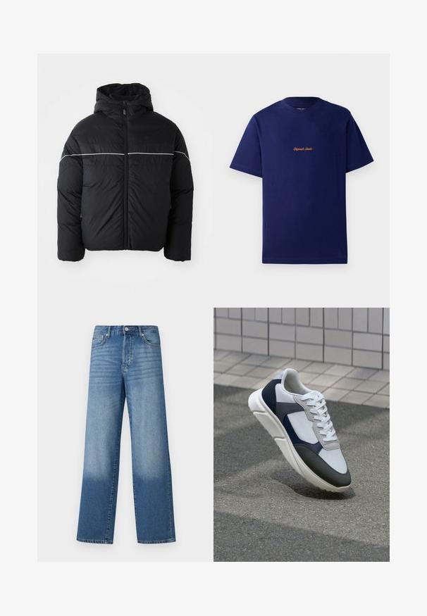 Svart polstret jakke med hette, med glidelås foran og hvit horisontal stripe over brystet. Glatt stoff med matt finish.; Marineblå bomull t-skjorte med korte ermer. Har en liten, oransje brodert logo på brystet. Klassisk rund hals-designer.; Blå høy midje rette jeans med falming på lårene og mørkere skygger nær hemene, med synlige knapper og lommer foran.; Hvitt, marineblått og grått sportsko med en blandet materialdesign, som har en teksturert overdel, flate snørebånd og en polstret såle.