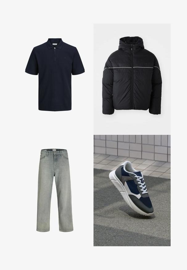 Czarna ocieplana kurtka z kapturem, posiadająca zamek błyskawiczny z przodu i białą poziomą pasek na wysokości klatki piersiowej. Gładki materiał o matowym wykończeniu.; Granatowa koszulka polo z krótkim rękawem, o fakturowanej tkaninie, z kołnierzykiem i półzamkiem. Posiada małe logo na lewej piersi.; Jasnoszare, luźne dżinsy wykonane z denimu. Posiadają klasyczny pięcio-kieszeniowy krój, szlufki na pasek oraz prostą nogawkę.; Sneakers z granatową siateczkową cholewką, szarymi zamszowymi akcentami, białą gumową podeszwą i płaskimi białymi sznurówkami, zaprojektowane z myślą o komforcie i wentylacji.
