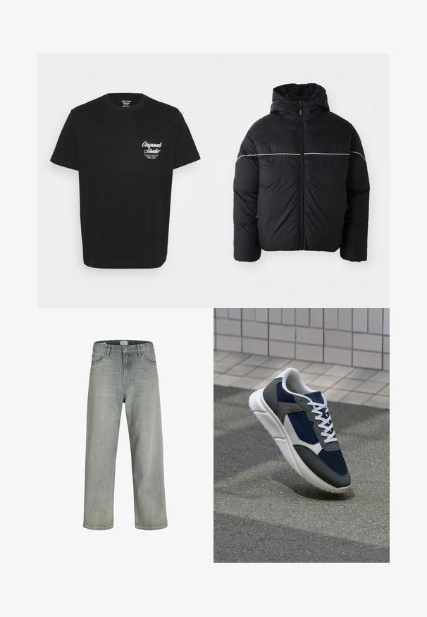 Casaco acolchoado preto com capuz, apresentando um fecho de correr frontal e uma faixa horizontal branca no peito. Tecido suave com acabamento mate.; T-shirt de algodão preto com gola redonda, mangas curtas e texto impresso em branco na área do peito esquerdo. Design simples, sem padrões adicionais.; Jeans soltos de cor cinza claro feitos de denim. Apresentam um design clássico de cinco bolsos, passadores para cinto e uma silhueta de perna reta.; Sapatilha com parte superior em malha azul-marinho, detalhes em camurça cinza, sola de borracha branca e atacadores brancos planos, projetada para conforto e respirabilidade.