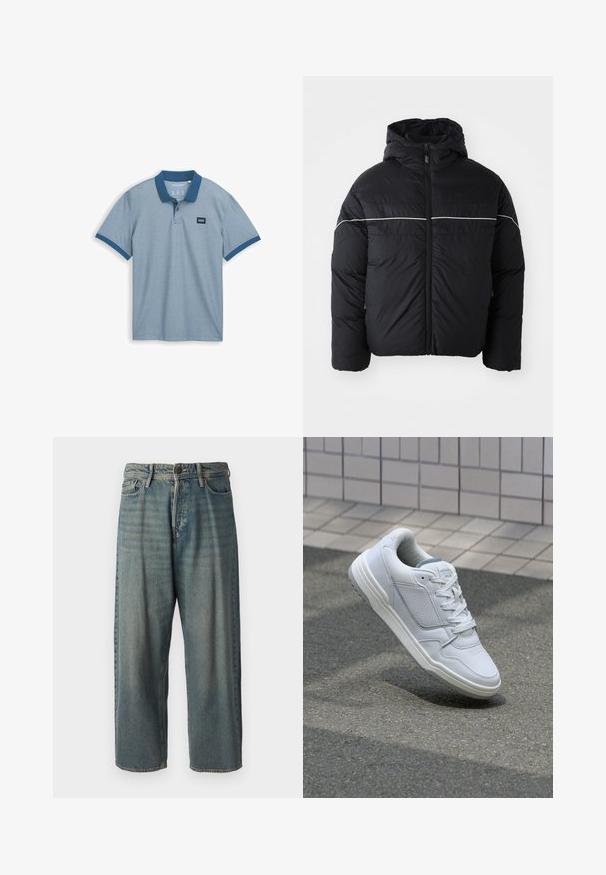 Čierna vypchávkovaná bunda s kapucňou, obsahujúca predný zips a biely horizontálny pruh cez hruď. Hladká tkanina s matným povrchom.; Svetlomodrá polo košela s pevným námorníckym golierom, krátkymi rukávmi a malou textilnou etiketou na hrudi, vyrobená z texturovanej bavlnenej látky.; Svetlomodré denimové nohavice so voľným strihom, stredne vysokým pásom a rovnými nohavicami. Obsahujú päť vreciek, pútka na opasok a zapínanie na gombík.; Biele kožené tenisky s perforovanými stranami, textúrovanými akcentmi, plochými šnúrkami a kontrastnou sivou pätou. Majú mierne zvýšenú podrážku.