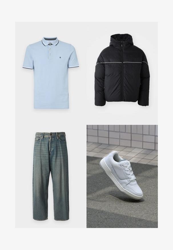 Juodas paminkštintas švarkas su gobtuvu, turintis priekinį užtrauktuką ir baltą horizontalią juostą per krūtinę. Lygus audinys su matinio paviršiaus apdaila.; Šviesiai mėlynas polo marškinėliai, pagaminti iš medvilnės, su trimis mygtukais, kontrastine apykakle ir raukinėtomis rankovėmis su tamsiai mėlynais akcentais.; Šviesiai mėlyni džinsai su laisvu siluetu, vidutinio aukščio juosmeniu ir tiesiomis kojomis. Su penkiais kišenėmis, diržo kilpo ir mygtukų uždarymu.; Baltos odinės sportinės bateliai su perforuotais šonais, tekstūruotais akcentais, plokščiomis raištelėmis ir kontrastingu pilku kulnu. Yra šiek tiek pakelti padas.