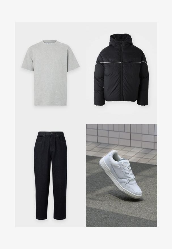 Czarna ocieplana kurtka z kapturem, posiadająca zamek błyskawiczny z przodu i białą poziomą pasek na wysokości klatki piersiowej. Gładki materiał o matowym wykończeniu.; Szara bawełniana koszulka z okrągłym dekoltem, krótkimi rękawami i luźnym krojem. Gładka struktura bez widocznych wzorów czy akcentów.; Granatowe dżinsowe spodnie o luźnym kroju, z zapięciem na guzik i zamek błyskawiczny, dwiema przednimi kieszeniami oraz zdobieniem szwami.; Białe skórzane trampki z perforowanymi bokami, teksturowanymi akcentami, płaskimi sznurowadłami i kontrastującym szarym obcasem. Posiadają lekko podniesioną podeszwę.