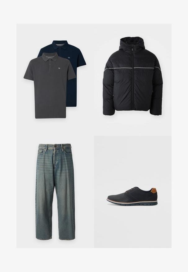 Černá prošívaná bunda s kapucí, vybavená předním zipem a bílým vodorovným pruhom přes hruď. Hladká látka s matným povrchem.; Dvě polo trička v balení: jedno tmavě šedé a jedno tmavě modré, obě vyrobené z hladké bavlny s klasickým límečkem a logem na hrudi.; Světle modré denimové džíny s volným střihem, středně vysokým pasem a rovnými nohavicemi. Obsahují pět kapes, poutka na opasek a zapínání na knoflík.; Černé syntetické boty s texturovaným svrškem, hladkými detaily, hnědým podpatkem a kontrastní podrážkou. Obsahují minimální šněrování a švy.