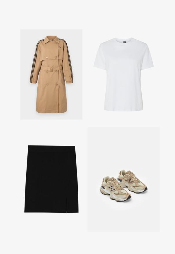 Cappotto beige con design doppiopetto, accenti neri a tre strisce sulle maniche, vita con cintura e colletto classico.; Maglietta bianca in cotone con maniche corte e collo rotondo. Tessuto liscio, vestibilità rilassata e senza motivi o dettagli visibili.; Gonna nera mini realizzata in tessuto morbido con un design aderente, caratterizzata da una leggera apertura sul lato per un tocco di stile in più.; Sneaker beige realizzate in materiali mesh e suede. Presentano un logo nero e dettagli testurizzati. Suola intermedia spessa bianca e suola esterna in gomma nera.