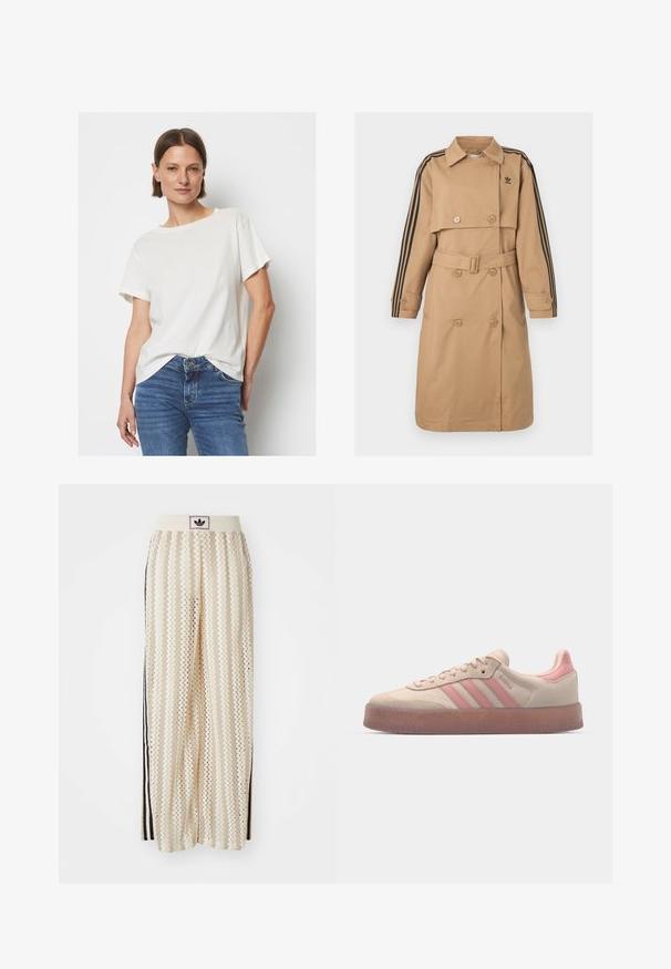 Bēšas krāsas trančjakas ar divrindīgu dizainu, melnas trīs svītru акcenti uz piedurknēm, jostas vieta ar jostu un klasiskā apkakle.; Īsām piedurknēm, off-white t-krekls, kas izgatavots no mīksta auduma, ar apaļu kakla izgriezumu un brīvu piegriezumu, apvienots ar zilu džinsu biksēm.; Krēmbalti plaša piegriezuma bikses ar zigzaga rakstu, ar melnu logotipa jostu un melnām sānu svītrām. Viegls, teksturēts audums.; Bēša zamša sporta apavi ar gaiši rozā akcentiem, teksturēta gumijas zole un trīs rozā svītras sānos. Apaļa purngalu forma un auklu aizdare.