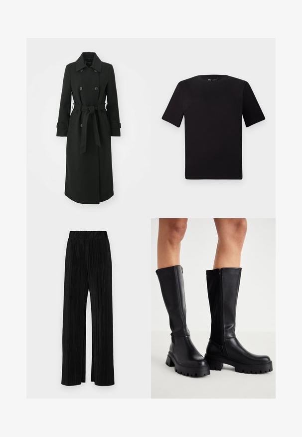 ONLY ONLLUCIE LIFE - Klassisk kåpe / frakk - black; Svart t-skjorte med korte ermer og rund hals, laget av mykt bomullsstoff. Enkelt design, ingen synlige logoer eller mønstre.; Sorte plisserte bukser med elastisk midje. Har vide ben og et glatt, strukturert stoff med vertikale striper.; Svarte høye støvler i glatt syntetisk lær med tykk såle, glidelås på siden og rund tå.