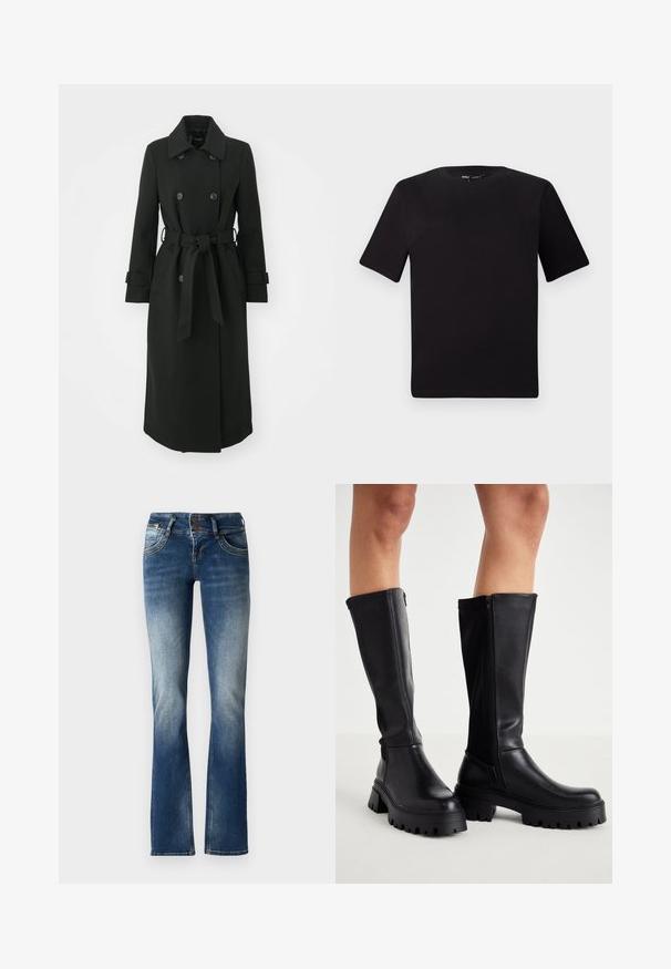 ONLY ONLLUCIE LIFE - Klassikaline mantel - black; Must olema lühikeste varrukatega must t-särk ümmarguse kaelusega, valmistatud pehmest puuvillast kangast. Lihtne disain, ilma nähtavate logode või mustriteta.; Sinine teksakangast laienev säär, millel on veidi kulunud pesu, kahe nupu sulgus ja dekoratiivne õmblus esi-taskutel.; Mustad põlvikud, mis on valmistatud siledast sünteetilisest nahast, pakuvad paksu tallaga, küljepeegli sulgemise ja ümmarguse varbaga disaini.