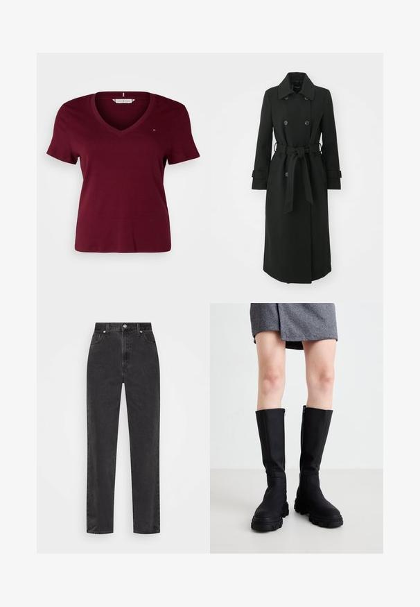 ONLY ONLLUCIE LIFE - Mantel - black; Tommy Hilfiger Curve SLIM CODY - T-shirt basic - deep rouge; Zwarte denim jeans met rechte pijpen en hoge taille, met een knoop en rits aan de voorkant en vijf zakken, op een witte achtergrond.; Zwarte kniehoge laarzen met een gladde afwerking, stevige zolen en een subtiele rits aan de zijkant. Stijlvol gecombineerd met een grijze visgraatrok.