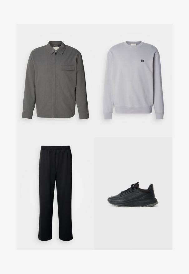 Grå zip-up jakke med teksturert stoff. Har kragehals og brystlomme. Lange ermer med mansjettfeller.; Lys grå hettegenser laget av bomullsblanding. Har lange ermer, rund hals og lite logo-lapp på brystet. Myk tekstur.; Svarte treningsbukser laget av mykt, pustende stoff. Har elastisk midje og rette ben uten fremtredende dekorasjoner eller mønstre.; Sorte svarte joggesko laget av lær med teksturert overflate. Funksjoner inkluderer perforerte detaljer, polstret krage og gummisåle.