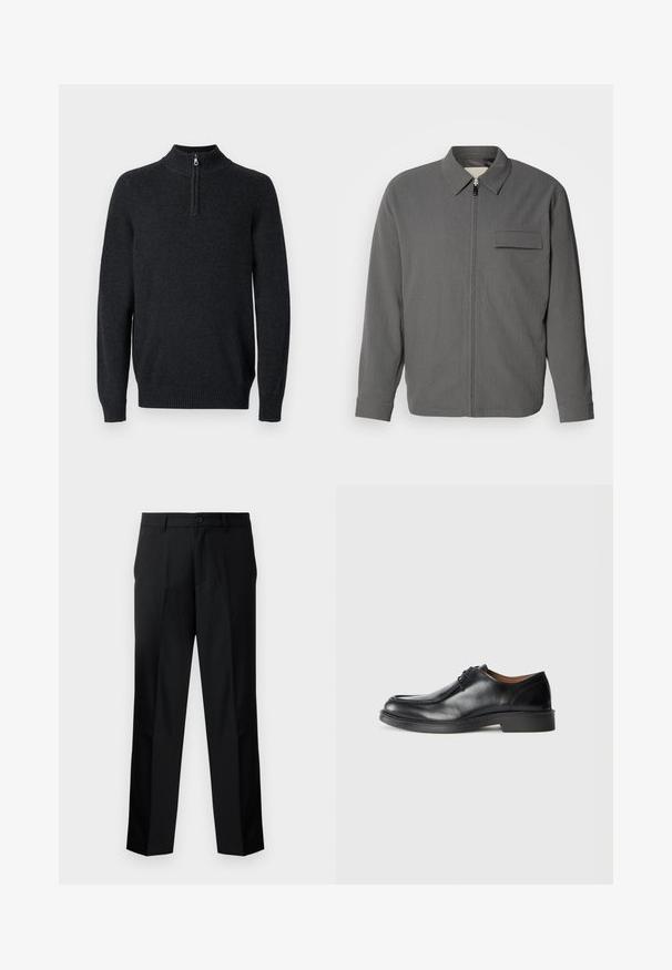 Pilkas zip-up džemperis su tekstūruotu audiniu. Turi apykaklės iškirptę ir krūtinės kišenę. Ilgos rankovės su apykaklėmis.; Tamsiai pilkas ilgomis rankovėmis megztinis su aukštu kanalo apykakle ir pusiau užtrauktuku. Savybės: kanalo rankogaliai ir apatinė dalis, suteikiantys prigludusį vaizdą. Minkšta tekstūra.; Juodos pritaikytos kelnės su tiesiu kirpimu, su mygtuko užsegimu, užtrauktuku ir diržo kilpomis. Lygus audinys su šoninėmis kišenėmis.; Juodų odinių batų su apvalia nosimi, lygiu paviršiumi, raišteliais ir žemu, struktūrizuotu guminio pado padu. Aiškios linijos ir minimalus dizainas.