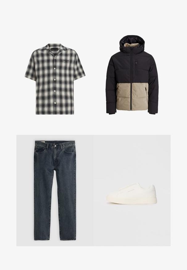 Párnázott dzseki fekete felső résszel és bézs alsó résszel. Kapucnis, elöl cipzáros, oldalt zsebekkel rendelkezik. Texturált anyagból készült.; Fekete-fehér kockás rövid ujjú ing, gombos elejű kivitelben. Lazán illeszkedő szabás, puha tapintás és márkázott logó a mellkason.; Sötétkék farmernadrág, egyenes lábú fazonnal, öt zsebbel és gombos zipzárral. Az anyag enyhe kopást és textúrát mutat.; Fehér slip-on sportcipők texturált felülettel, vastag talppal és minimalista dizájnnal. Az oldalon a márka logója található.