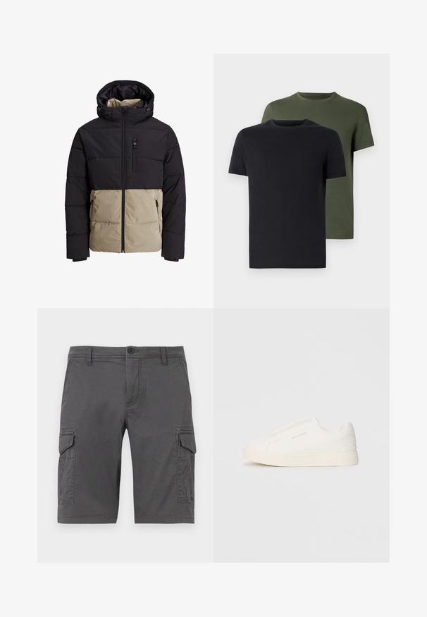 Paminkštintas džemperis su juodu viršutiniu skyriumi irbej belos apatinės dalies. Yra gobtuvas, priekinių užtrauktukas ir šoninės kišenės. Raštuota medžiaga.; Du vtų polo marškiniai juodos ir alyvuogių spalvos, pagaminti iš minkštos medvilnės. Dizainas yra paprastas, su trumpomis rankovėmis ir tiesiu kirpimu.; Pilki kargo šortai su šoninėmis kišenėmis, pagaminti iš patvarios medžiagos, su mygtuko užtrauktuku ir diržo kilpomis. Lygus paviršius, kelių ilgio dizainas.; Baltos slip-on sportbačiai su tekstūruota paviršiumi, storesniu padu ir minimalistišku dizainu. Šone matosi prekės ženklo logotipas.