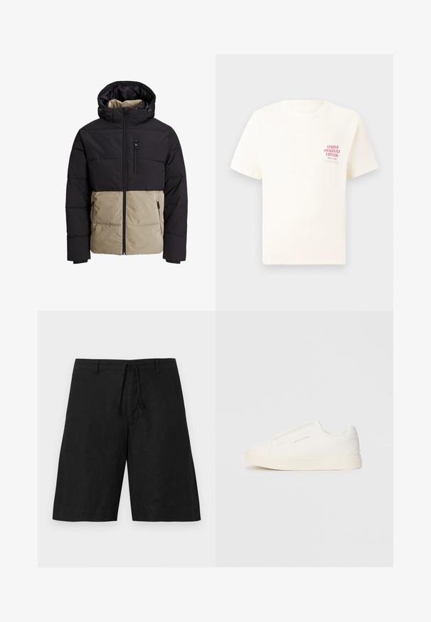 Casaco acolchoado com uma parte superior preta e uma parte inferior bege. Apresenta capuz, fecho de correr frontal e bolsos laterais. Tecido texturizado.; T-shirt branca de mangas curtas com o texto vermelho "Edição Originais do Estúdio" no lado esquerdo do peito, apresentada sobre um fundo cinza neutro.; Calções pretos em linho com um corte descontraído, cintura com cordão e sem padrões visíveis. O tecido parece leve, com um acabamento ligeiramente texturizado.; Sapatilhas brancas de atacar com uma superfície texturizada, sola grossa e design minimalista. Possui o logo da marca na lateral.