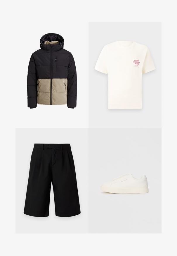 Gewatteerde jas met een zwart bovenstuk en een beige onderstuk. Voorzien van een capuchon, een rits aan de voorkant en zijzakken. Gestructureerde stof.; Witte T-shirt met korte mouwen met rode tekst "Studio Originals Edition" op de linker borst, weergegeven op een neutrale grijze achtergrond.; Jack & Jones JPSTBILL FLINT - Shorts - black; Witte instap sneakers met een gestructureerd oppervlak, een dikke zool en een minimalistisch ontwerp. Bevat het merklogo aan de zijkant.