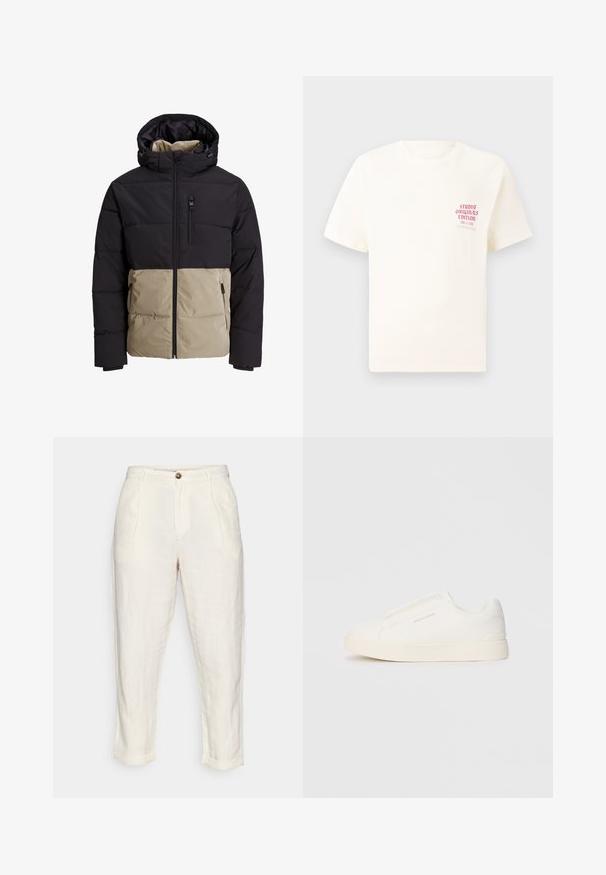 Pildīts sportsjakas augšējā daļa ir melna, bet apakšējā daļa ir bēša. Tai ir kapuce, priekšējais rāvējslēdzis un sānu kabatas. Tekstūrēts audums.; Balts īsām piedurknēm T-krekls ar sarkanu tekstu "Studio Originals Edition" uz kreisā krūšu, pakārtots neitrālā pelēkā fonā.; Linsēta bikses luksusa baltā krāsā ar augstu jostas vietu, ar krokām, priekšējo pogu aizdari un sarullētām piedurknēm. Gluda tekstūra.; Baltas slip-on sporta apavi ar teksturētu virsmu, biezu zoli un minimālistisku dizainu. Sānos redzams zīmola logotips.