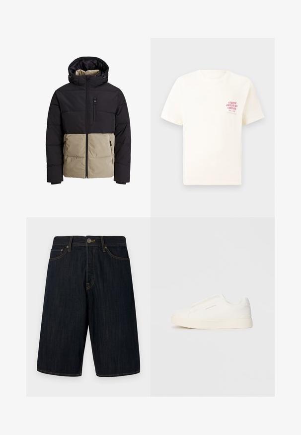 Chaqueta acolchada con una sección superior negra y una sección inferior beige. Cuenta con capucha, cremallera frontal y bolsillos laterales. Tela texturada.; Camiseta blanca de manga corta con el texto rojo "Edición de Studio Originals" en el lado izquierdo del pecho, exhibida sobre un fondo gris neutro.; Pantalones cortos de mezclilla oscura de corte recto, con costuras amarillas, cinco bolsillos y cierre frontal de botón. Textura suave.; Zapatillas blancas tipo slip-on con una superficie texturizada, suela gruesa y diseño minimalista. Presenta el logo de la marca en un lado.