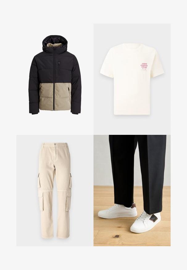 Ocieplana kurtka z czarną górną częścią i beżową dolną częścią. Posiada kaptur, zamek błyskawiczny z przodu oraz boczne kieszenie. Teksturowany materiał.; Biała koszulka z krótkim rękawem z czerwonym napisem "Studio Originals Edition" po lewej stronie klatki piersiowej, wyeksponowana na neutralnym szarym tle.; Beżowe spodnie cargo wykonane z bawełny. Posiadają kieszenie boczne, proste nogawki oraz zapięcie na guzik w pasie. Proste detale przeszycia.; Białe trampki o gładkiej fakturze, z brązowymi skórzanymi akcentami i czarnymi detalami, zestawione z czarnymi eleganckimi spodniami. Tło stanowi drewniana podłoga.