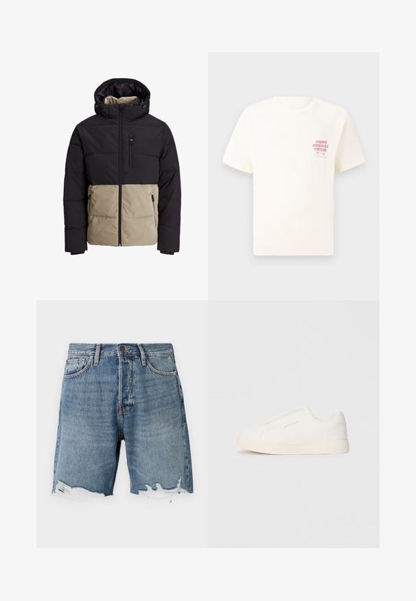 Paminkštintas džemperis su juodu viršutiniu skyriumi irbej belos apatinės dalies. Yra gobtuvas, priekinių užtrauktukas ir šoninės kišenės. Raštuota medžiaga.; Balta trumpa rankovėmis marškinėliai su raudonu užrašu "Studio Originals Edition" kairiajame krūtinės šone, rodomi neutralioje pilkoje aplinkoje.; Šviesiai mėlynos džinsinės šortai su nusidėvėjusiu apačiu, penkių kišenių dizainu ir matomomis siūlėmis. Yra mygtukų užsegimas juosmens srityje.; Baltos slip-on sportbačiai su tekstūruota paviršiumi, storesniu padu ir minimalistišku dizainu. Šone matosi prekės ženklo logotipas.