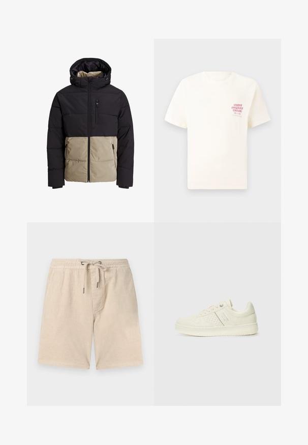 Gewatteerde jas met een zwart bovenstuk en een beige onderstuk. Voorzien van een capuchon, een rits aan de voorkant en zijzakken. Gestructureerde stof.; Witte T-shirt met korte mouwen met rode tekst "Studio Originals Edition" op de linker borst, weergegeven op een neutrale grijze achtergrond.; Beige corduroy shorts met een elastische tailleband, trekkoordsluiting en zijzakken; heeft een verticale ribbeltextuur.; Crème-kleurige sneaker met geperforeerde details, veters en een logo aan de zijkant, weergegeven tegen een eenvoudige witte achtergrond.
