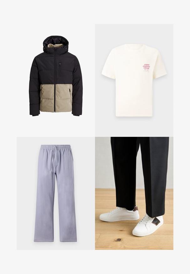 Podložena jakna z zgornjim delom v črni barvi in spodnjim delom v bež barvi. Ima kapuco, sprednji zadrgo in stranske žepe. Teksturna tkanina.; Bela majica s kratkimi rokavi z rdečim napisom "Studio Originals Edition" na levi strani prsnega koša, prikazana na nevtralnem sivo backgroundu.; Svijetloplavkaste, široke hlače labavog kroja, napravljene od mekanog materijala. Imaju elastični pojas i vezicu za prilagodljivo prianjanje.; Beli športni copati z gladko teksturo, okrašeni z rjavimi usnjenimi detajli in črnimi poudarki, v kombinaciji s črnimi krojenimi hlačami. Ozadje iz lesenih tal.