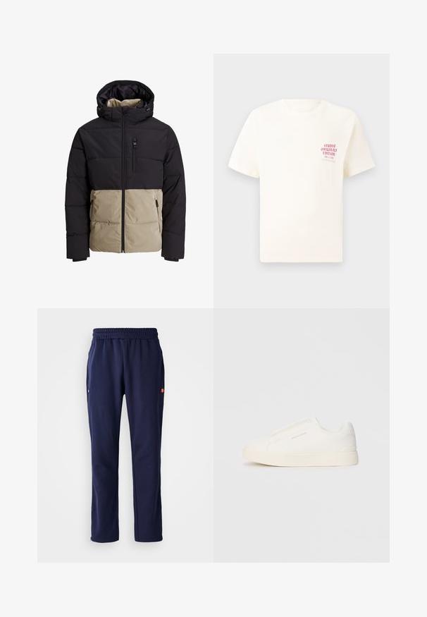 Padded bunda s čiernou hornou časťou a béžovou spodnou časťou. Obsahuje kapucňu, predný zips a bočné vrecká. Textúrovaná tkanina.; Biele tričko s krátkym rukávom s červeným textom "Studio Originals Edition" na ľavej hrudi, zobrazené na neutrálnom šedom pozadí.; Námornícke teplákové nohavice s elastickým pásom, bočnými vreckami a malým logom na ľavom vrecku. Vyrobené z jemnej, hladkej látky.; Biele slip-on tenisky s textúrovaným povrchom, hrubou podrážkou a minimalistickým dizajnom. Obsahuje logo značky na boku.