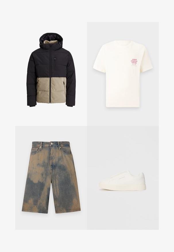 Puhasta jakna s crnim gornjim dijelom i bež donjim dijelom. Ima kapuljaču, prednji patent zatvarač i bočne džepove. Teksturna tkanina.; Bijela kratka majica s kratkim rukavima s crvenim natpisom "Studio Originals Edition" na lijevoj strani grudi, prikazana na neutralnoj sivoj pozadini.; Traper šortsevi s izblijedijim plavim i bež tye-dye efektom, sa klasičnim dizajnom s pet džepova i detaljima od metala.; Bijele slip-on tenisice s teksturiranom površinom, debelim đonom i minimalističkim dizajnom. Sadrže logo branda sa strane.