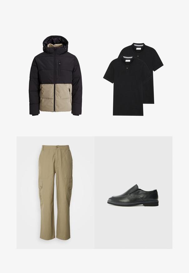 Padded bunda s čiernou hornou časťou a béžovou spodnou časťou. Obsahuje kapucňu, predný zips a bočné vrecká. Textúrovaná tkanina.; Dvé čierne polo tričká, krátke rukávy, vyrobené z bavlny, s klasickým golierom, dvojitým gombíkom a bielymi pruhmi vo vnútri goliera.; Béžové cargo nohavice vyrobené z ľahkého materiálu, s dvoma bočnými vreckami, zapínaním na gombík a rovnými nohavicami.; Čierny kožený nazúvací topánka s hladkým zvrškom, prešitými akcentmi, zaoblenou špičkou a nízkym gumovým podpätkom. Podošva má minimálny dezén.