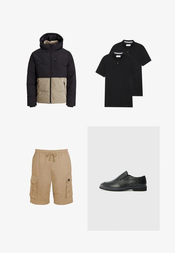 Casaco acolchoado com uma parte superior preta e uma parte inferior bege. Apresenta capuz, fecho de correr frontal e bolsos laterais. Tecido texturizado.; Duas camisetas polo pretas, de manga curta, em material de algodão, com colarinho clássico, abertura com dois botões e detalhes em riscas brancas no interior do colarinho.; Calças cargo de algodão bege com cintura elástica, cordão de ajuste e múltiplos bolsos laterais. Tecido texturizado com detalhes cosidos.; Sapato slip-on preto em pele com um upper liso, acabamentos cosidos, bico arredondado e um salto de borracha baixo. A sola apresenta um padrão de aderência mínimo.