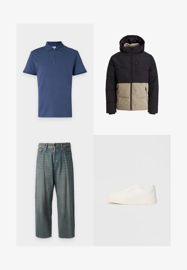 Casaco acolchoado com uma parte superior preta e uma parte inferior bege. Apresenta capuz, fecho de correr frontal e bolsos laterais. Tecido texturizado.; Camisa polo azul-marinho feita de algodão suave. Apresenta um colarinho com fecho de zíper e detalhes texturizados nas mangas. Mangas curtas, ajuste clássico.; Jeans de ganga azul claro com um corte solto, cintura média e pernas retas. Apresenta cinco bolsos, passadores de cinto e fecho com botão.; Sapatilhas brancas de atacar com uma superfície texturizada, sola grossa e design minimalista. Possui o logo da marca na lateral.