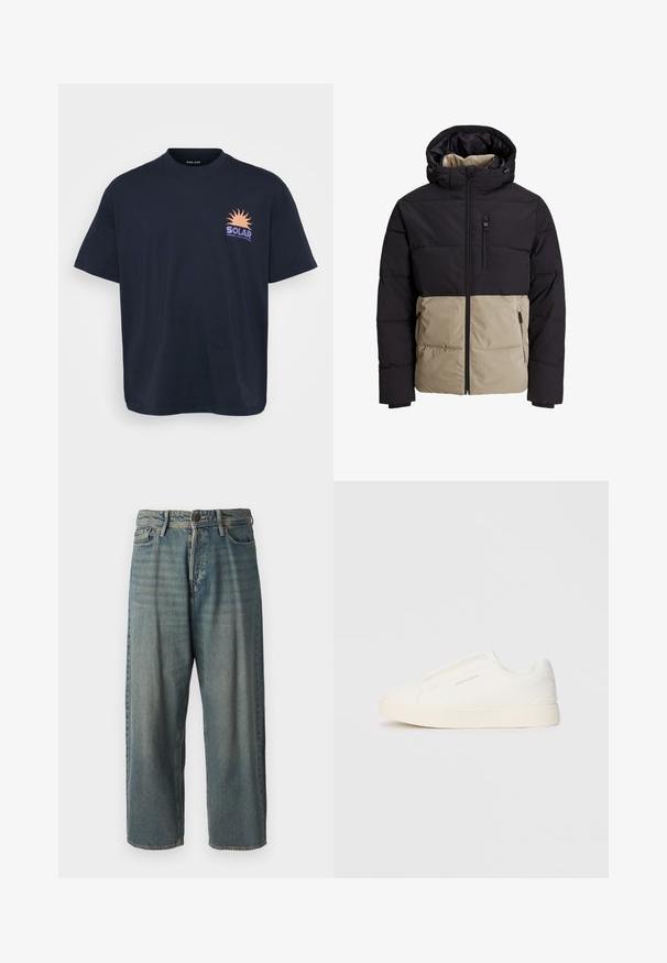 Polsterdatud jakk, millel on must ülemine osa ja beež alumine osa. Omab kapuutsi, frontaalset tõmblukk ja küljetaskuid. Tekstuuriga kangas.; Must must t-särk mustast puuvillast, millel on graafika päikesest ja "SOLAR" tekst oranžis ja lillakas toonis. Lühikesed varrukad, ümmargune kaelus, mugav lõige.; Heledad sinine denim-stiilis teksad, volüümse lõike, keskmise kõrgusega talje ja sirgete säärega. Omab viit taskut, vöökumme ja nööpide sulgemist.; Valged libisemiskindlad tossud tekstuuriga pinnaga, paksu tallaga ja minimalistikus disainis. Küljel on brändi logo.