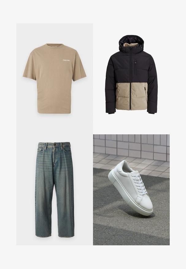 Pildīts sportsjakas augšējā daļa ir melna, bet apakšējā daļa ir bēša. Tai ir kapuce, priekšējais rāvējslēdzis un sānu kabatas. Tekstūrēts audums.; Beige kokvilnas t-krekls ar īsām piedurknēm un apaļu kakla izgriezumu. Priekšpusē kreisajā krūtī ir attēlots uzraksts "Club1990" baltā krāsā. Gluda tekstūra, regulāra piegriezuma.; Gaiši zili džinsi ar brīvu piegriezumu, vidējo jostas augstumu un taisnām kājām. Satur piecas kabatas, jostas cilpas un pogu aizdari.; Baltas ādas sporta apavi ar gludu virsmu, apaļu pirkstu un plakanām baltām šņorēm. Iezīmējas ar strukturētu gumijas zoli un minimālisma dizaina elementiem.