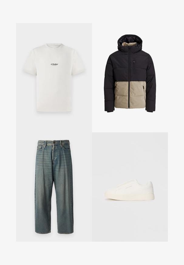 Jack & Jones JJEOWEN PUFFER - Winter jacket - crockery/black; White cotton t-shirt with short sleeves, featuring a black "JJ Studios" logo on the chest. Crew neck and standard fit design.; Light blue denim jeans with a loose fit, mid-rise waist, and straight legs. Features five pockets, belt loops, and a button closure.; White slip-on sneakers with a textured surface, a thick sole, and minimalistic design. Features brand logo on the side.