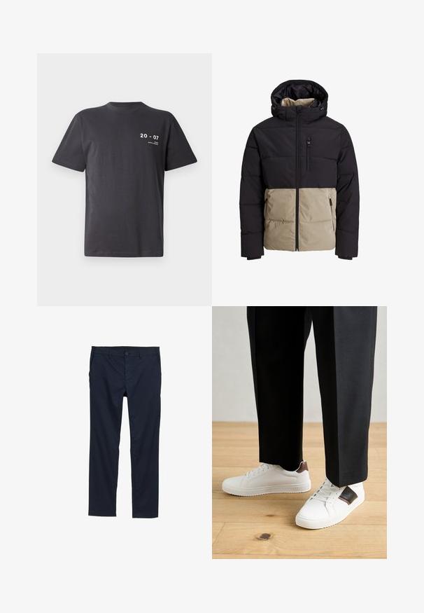 Polsterdatud jakk, millel on must ülemine osa ja beež alumine osa. Omab kapuutsi, frontaalset tõmblukk ja küljetaskuid. Tekstuuriga kangas.; Tumehallist puuvillast T-särk, lühikeste varrukatega, ümar kaelus, millel on esiküljel valge tekst: "20 - 07" ja "MIAMI DAYS & NIGHTS".; Tumed sinine kerged püksid, millel on sile tekstuur, sirge sääre disain, nööbiga sulgemine ja küljetaskud.; Valged sneakersid siledat tekstuurist, millel on pruunad nahast detailid ja mustad aksessuaarid, millele on sobitatud mustad kohandatud püksid. Puitpõranda taust.