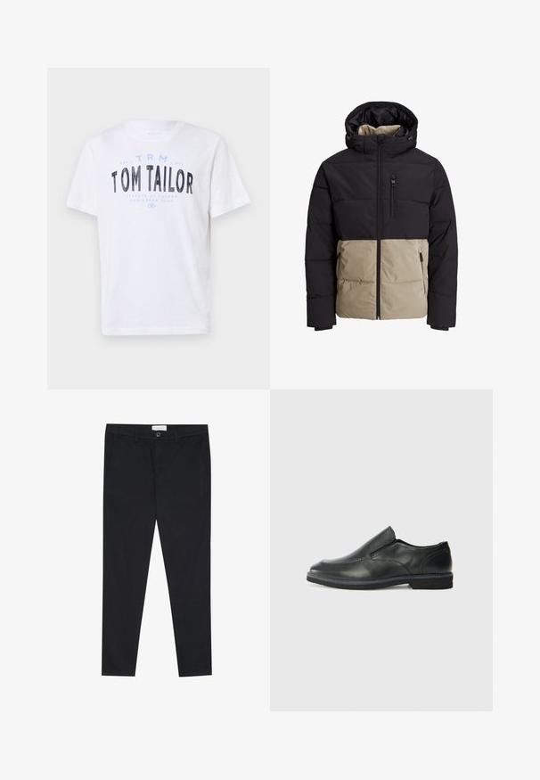 Polstret jakke med en svart øverste del og en beige nederste del. Har hette, frontglidelås og sidelommer. Strukturert stoff.; Hvit bomullst-skjorte med rund hals og korte ermer. Har blå og svart trykt tekst: "TOM TAILOR," "STREETS OF HAVANA," og tall.; Sorte bukser med rett bendesign, laget av bomullsstoff. Har to frontlommer og knappelukking i livet.; Sorte skinn slip-on sko med en jevn overflate, stikking detaljer, rund tå og en lav gummihæl. Sålen har minimal mønstring.