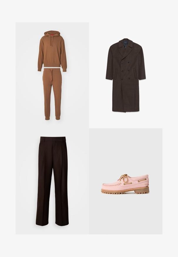 Double-breasted wool coat in dark brown with a notched collar, two front pockets, and black buttons. Smooth texture and tailored shape.; HUGO DAPODAYOTE - Sweatshirt - medium brown; Brown tailored trousers with a straight leg design, featuring a front pleat, smooth texture, and a classic waistband. Suitable for formal wear.; Pink leather boat shoe with tan laces, metal eyelets, and a thick brown rubber lug sole, shown in profile on a white background.