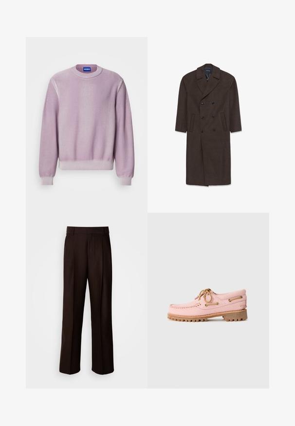 Dvojřadový vlněný kabát tmavě hnědé barvy s klopovým límcem, dvěma předními kapsami a černými knoflíky. Hladká textura a dobře střižený tvar.; Fialový pletený svetr s kulatým výstřihem, žebrovanými manžetami a lemem, se zdobením švů na ramenech a jemnou texturou.; Hnědé kalhoty na míru se střihovým designem rovného nohavice, s předním skladem, hladkou texturou a klasickým pasem. Vhodné pro formální nošení.; Růžová kožená lodní bota s hnědými tkaničkami, kovovými očky a silnou hnědou gumovou podrážkou, zobrazená v profilu na bílém pozadí.