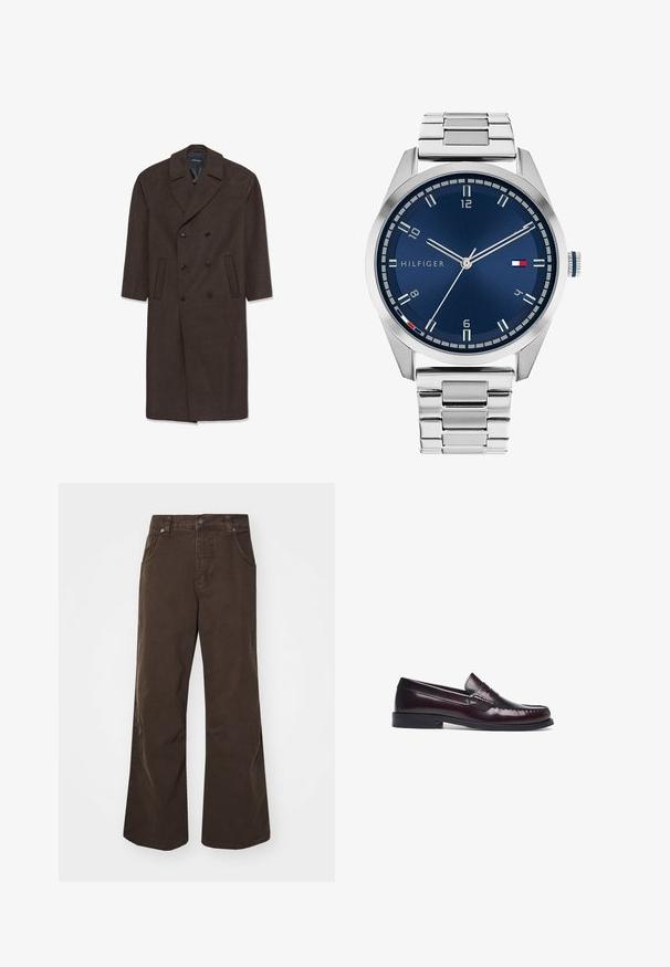 Double-breasted wool coat in dark brown with a notched collar, two front pockets, and black buttons. Smooth texture and tailored shape.; Long-sleeve, beige linen shirt with a mandarin collar, front button placket, and straight hem; smooth texture and lightweight design.; Brown wide-leg trousers made of cotton, featuring a high waist, front pockets, and a smooth texture. Finishing includes subtle stitching details.; Burgundy leather loafers with a stitched toe detail, flat heel, and smooth finish. Features a classic penny slot design on the vamp.; Silver metal watch with a brushed blue dial, white hour markers, and a date display. Features a linked metallic band and brand logo.