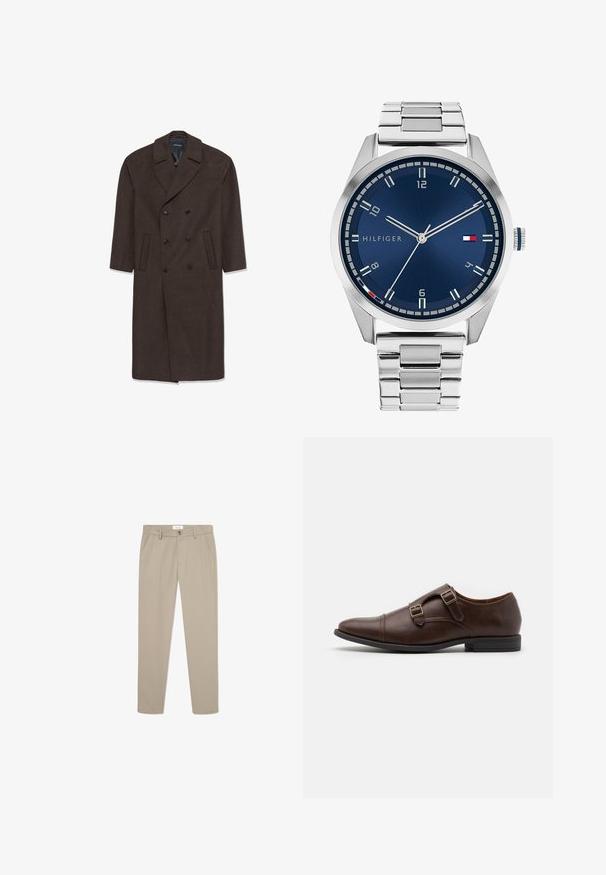 Dobbeltbrystet uldfrakke i mørkebrunt med notch-krave, to frontlommer og sorte knapper. Glat tekstur og skræddersyet pasform.; Langærmet beige linned skjorte med mandarin krave, frontknaplukning og lige kant; glat tekstur og let design.; Beige skræddersyede bukser lavet af et glat stof. Har forlommer, en knaplukning og et slankt, lige ben-design.; Brune læder dress sko med spids tå, udstyret med to justerbare spænder og et slankt, lavt profil design. Flad sort gummisål.; Sølvmetal ur med en børstet blå urskive, hvide timemarkører og en datovisning. Har et sammenkædet metalarmbånd og brandlogo.