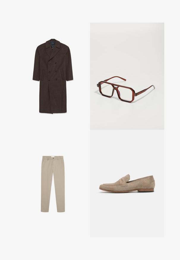 Double-breasted wool coat in dark brown with a notched collar, two front pockets, and black buttons. Smooth texture and tailored shape.; Long-sleeve, beige linen shirt with a mandarin collar, front button placket, and straight hem; smooth texture and lightweight design.; Beige tailored trousers made from smooth fabric. Features front pockets, a button closure, and a sleek, straight-leg design.; Beige suede loafer with minimal stitching, a flat heel, and a leather sole. Features a single strap accent near the vamp. Flat silhouette.; Brown transparent oversized glasses with rectangular lenses and slender arms. Angled, slightly rounded corners and visible hardware accents.; Silver metal watch with a brushed blue dial, white hour markers, and a date display. Features a linked metallic band and brand logo.