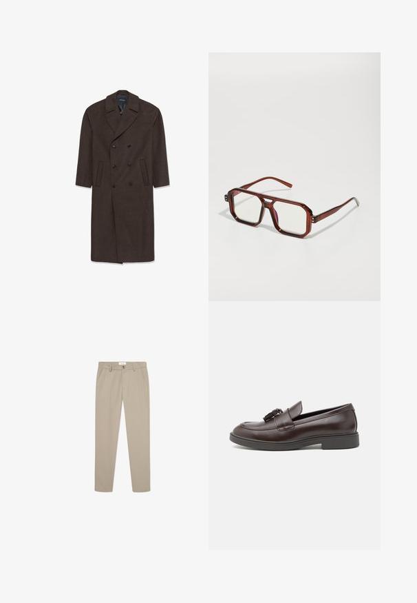 Double-breasted wool coat in dark brown with a notched collar, two front pockets, and black buttons. Smooth texture and tailored shape.; Long-sleeve, beige linen shirt with a mandarin collar, front button placket, and straight hem; smooth texture and lightweight design.; Beige tailored trousers made from smooth fabric. Features front pockets, a button closure, and a sleek, straight-leg design.; Brown leather loafers with a rounded toe, a decorative tassel, stitched detailing, and a low rubber heel for added comfort.; Brown transparent oversized glasses with rectangular lenses and slender arms. Angled, slightly rounded corners and visible hardware accents.; Silver metal watch with a brushed blue dial, white hour markers, and a date display. Features a linked metallic band and brand logo.