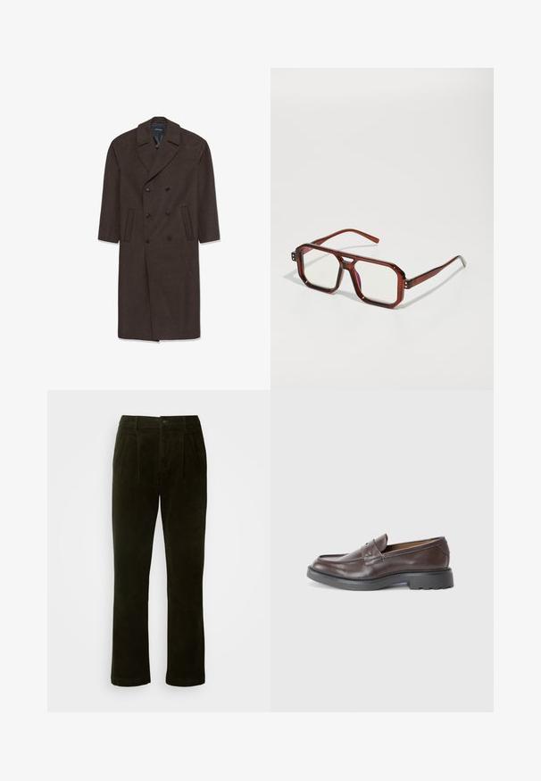 Dubbelzijdige wollen jas in donkerbruin met een notch-kraag, twee voorkoeken en zwarte knopen. Glad textuur en op maat gemaakte vorm.; Langsleeve, beige linnen overhemd met een mandarin kraag, knoopsluiting aan de voorkant en rechte zoom; gladde textuur en lichtgewicht ontwerp.; Donkergroene corduroy broeken met een rechte pijp, voorzien van voorplooien, een knoopsluiting en een zachte textuur.; Bruine leren instappers met een gladde afwerking, ronde neus, minimale stiksels en een dikke zwarte rubberen zool. Geen zichtbare hardware of accenten.; Bruine transparante oversized brillen met rechthoekige lenzen en slanke armen. Gehoekte, licht afgeronde hoeken en zichtbare hardwareaccenten.
