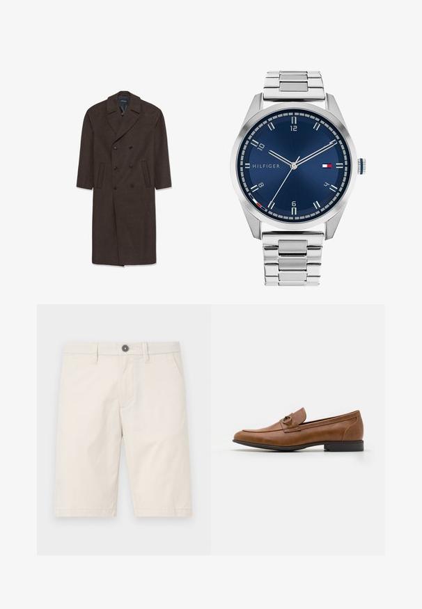Dubbelt knäppt ullrock i mörkbrunt med ett snibbkrage, två framfickor och svarta knappar. Slät textur och skräddarsydd form.; Långärmad, beige linne skjorta med mandarin krage, knappslå fram och rak fåll; slät yta och lätt design.; Ljust beige shorts i bomull, med rak skärning, två sidofickor och en svart knap vid midjan.; Bruna läderloafers med platt klack, med en dekorativ metallaccent på framsidan, stilren design och slät textur.; Silver metall klocka med en borstad blå urtavla, vita timmarkörer och en datumvisning. Har ett länkande metallarmband och varumärkeslogotyp.