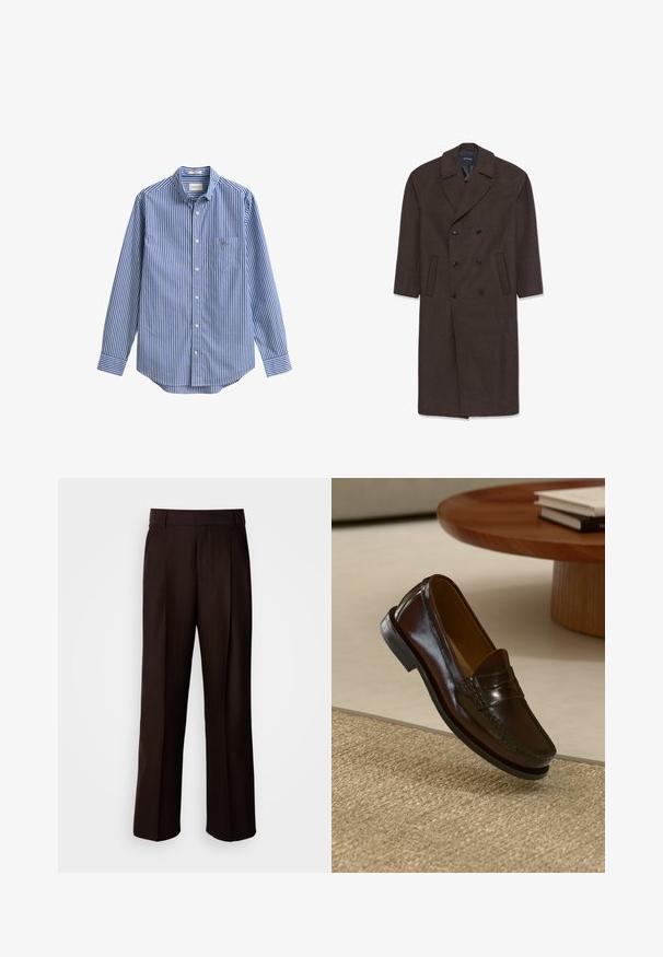 Tumepruun kahepoolne villane mantel, millel on sisselõigatud krae, kaks esist pocketit ja mustad nupud. Sile tekstuur ja kohandatud lõige.; Sinine ja valge vertikaalsete triipudega pika varrukaga särk, millel on nööbitav krae, üks eesmine tasku ja ümarääris. Sile puuvillane kangas.; Kohvitatud ülikonnatraurid, millel on sirge jalgekujundus, esiplaadiga, sujuva tekstuuri ja klassikaline vöökoht. Sobib ametlikuks kandmiseks.; Pruunist nahast loafersid, millel on läikiv viimistlus, esiosas tikand ning madala profiiliga must kummitald.